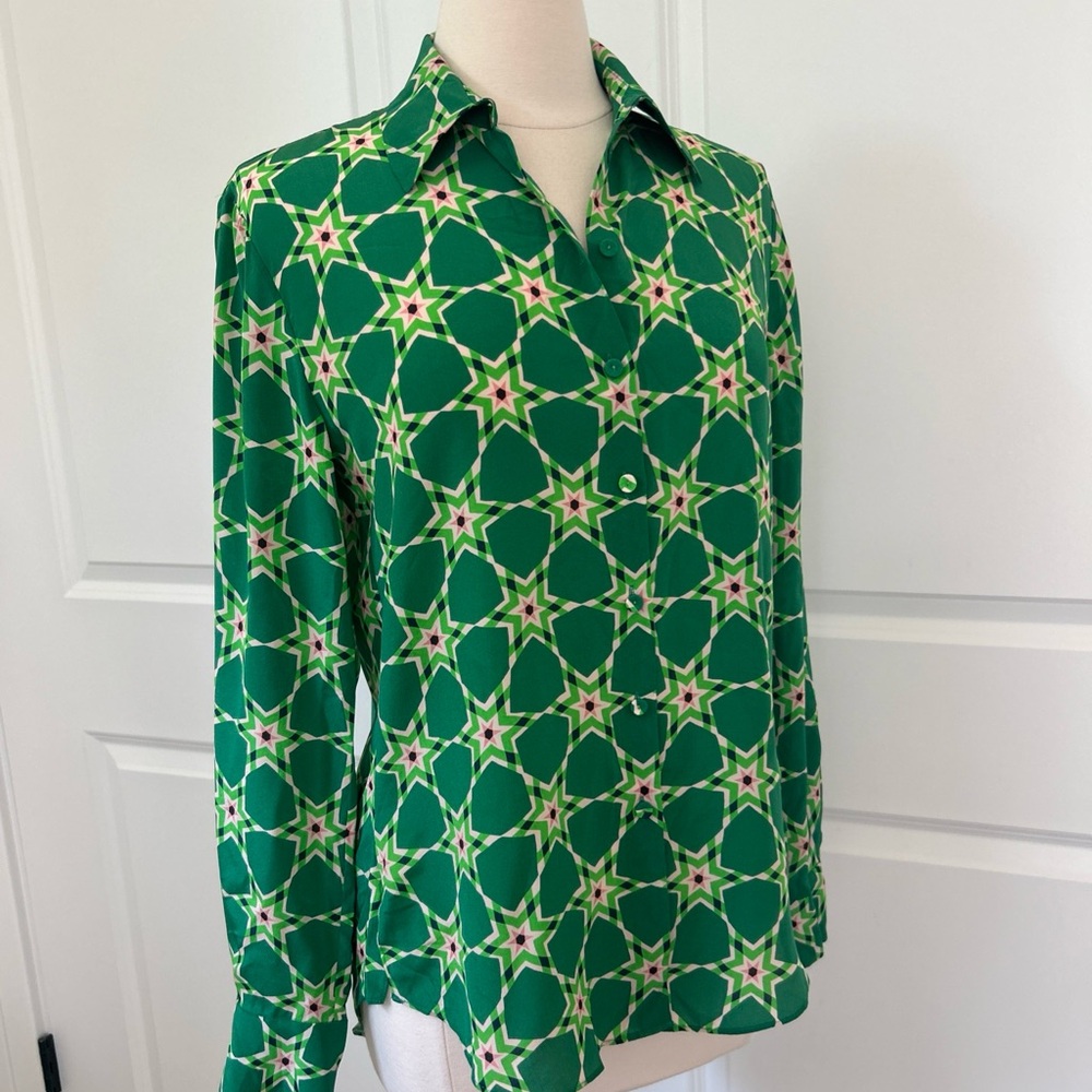 $443 SALONI size US 2 Green Organic Silk Nebula Geometric Blouse Hi Low Hem 40"B